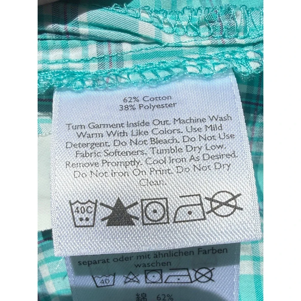 Eddie Bauer Womens Large Turquoise Plaid Button Up Roll Tab Sleeve Hiking Shirt